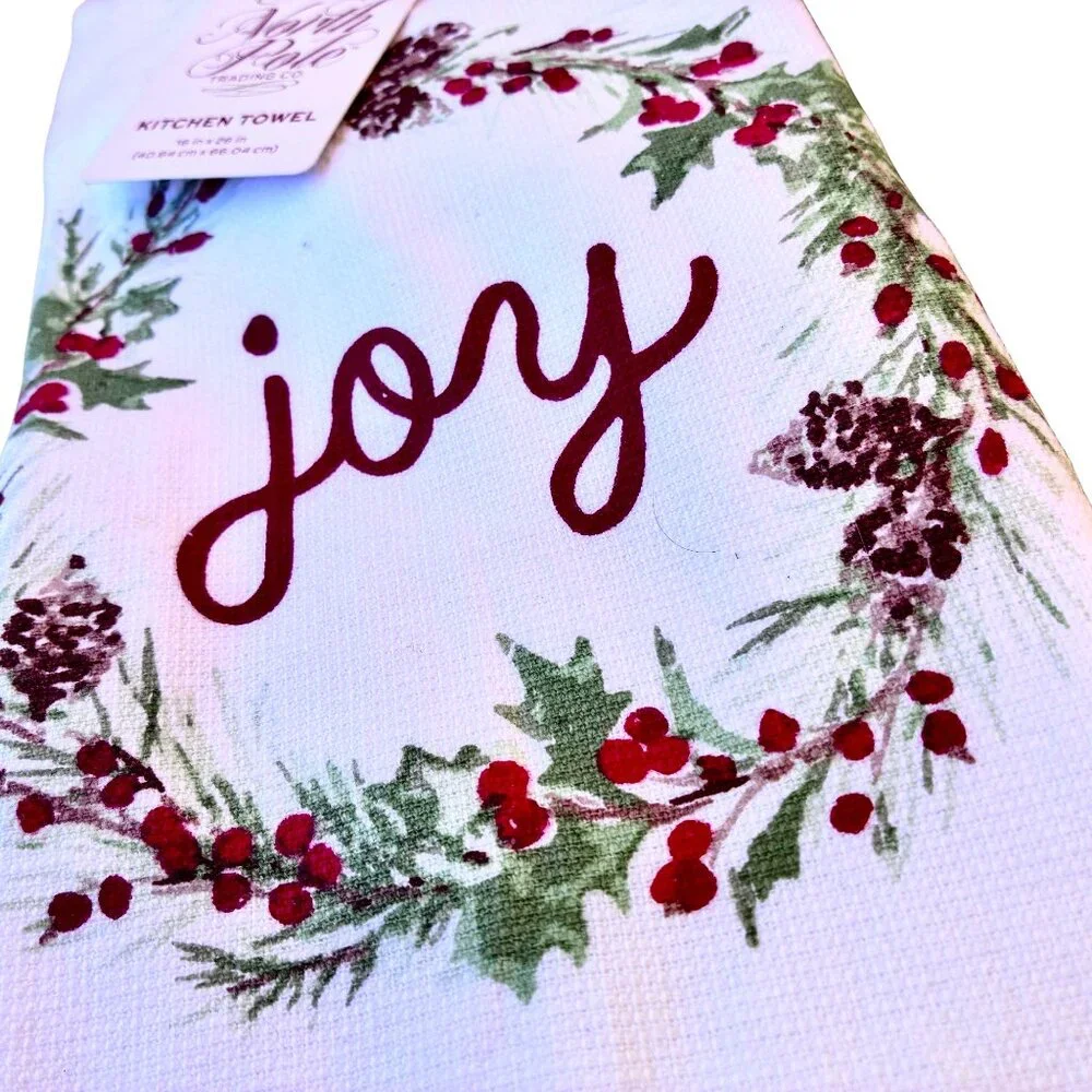 Christmas Cotton Kitchen Towel 2 Pack Green & White Holly JOY by North Pole NEW